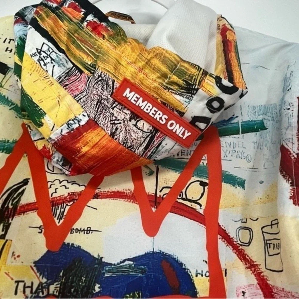 Members Only x Basquiat Jacket Mens Small Black Windbreaker Jean-Michel Art‎ EUC